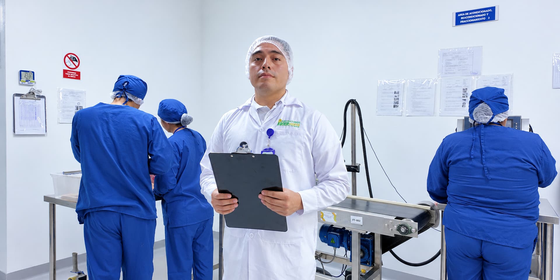 Supervisor de calidad con sus registros junto a la línea de rotulado inkjet